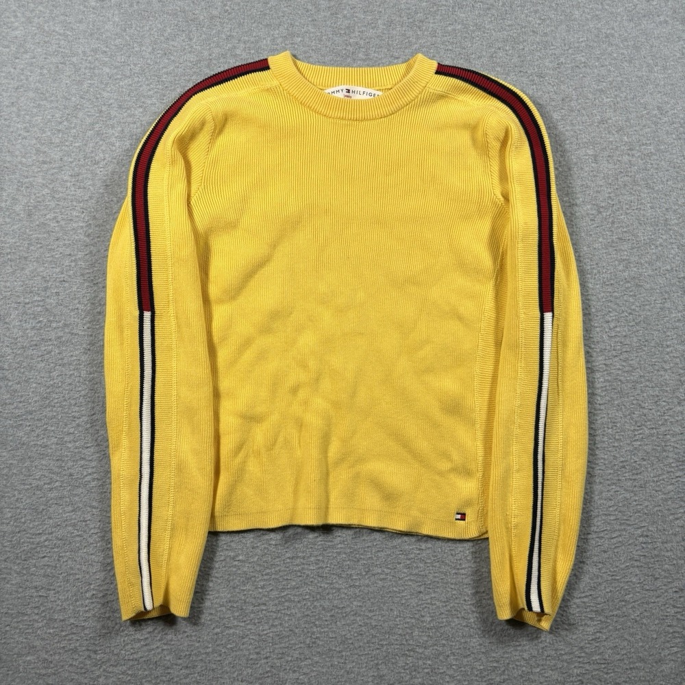Vintage 90s Tommy Hilfiger Sweater Women M Yellow Ribbed Knit Striped Sleeve Y2K